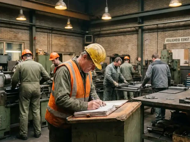 Veiligheidsmedewerker met helm controleert nalevingschecklist op klembord in Nederlandse industriële werkplaats met werknemers op achtergrond.