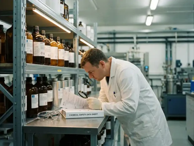 Laborant in witte jas leest veiligheidsinformatieblad naast rijen gelabelde chemicaliëncontainers, met handschoenen en veiligheidsbril op stalen werkbank.