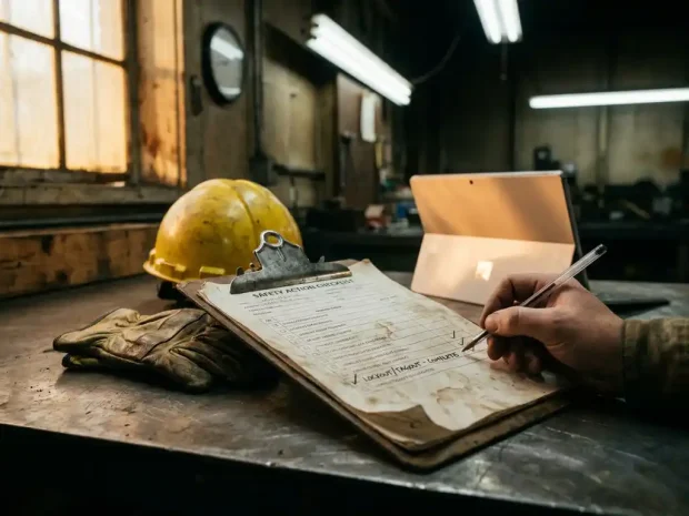 Versleten veiligheidschecklist op klembord met pen, gele helm en veiligheidshandschoenen op industriële werkbank.