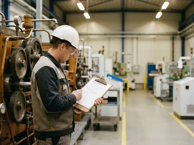Fabrieksmedewerker met helm controleert veiligheidslijst op klembord naast industriële machine op Nederlandse productievloer.