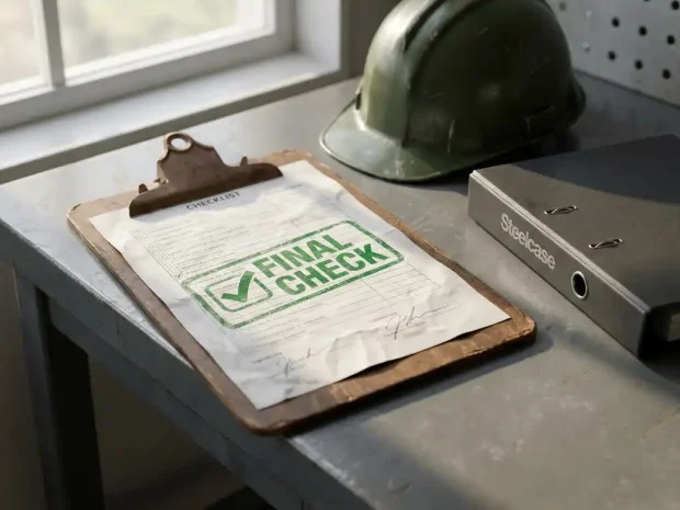 Versleten klembord met ondertekende checklist en groen goedkeuringsstempel, naast een helm en ordner op een industrieel bureau.