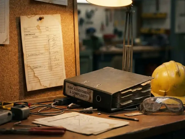 Versleten checklist en dik risicobeoordelingsboek op kurkbord naast gele bouwhelm en veiligheidsbril op industrieel bureau.