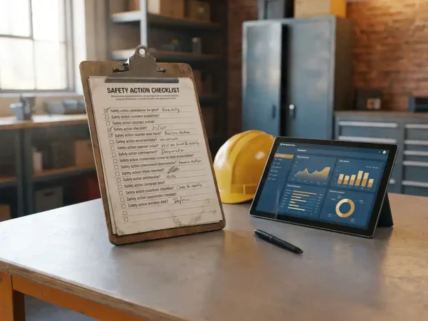 Veiligheidsactielijst op klembord op industrieel bureau met helm, tablet en pen in warm licht.