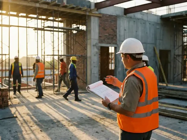 Veiligheidscoördinator in oranje hesje bestudeert bouwplannen op klembord, met steigers en arbeiders in helmen op de achtergrond.