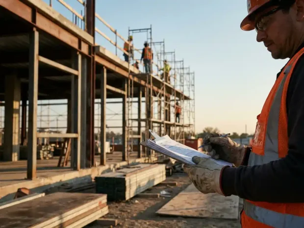 Veiligheidscoördinator in oranje hesje controleert bouwdocumenten op klembord, met steigers en bouwvakkers op de achtergrond.