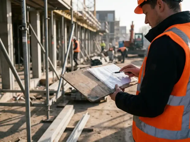 V&G-coördinator in oranje veiligheidsvest bestudeert veiligheidscoördinatiedocument op klembord op Nederlandse bouwplaats met steigers.