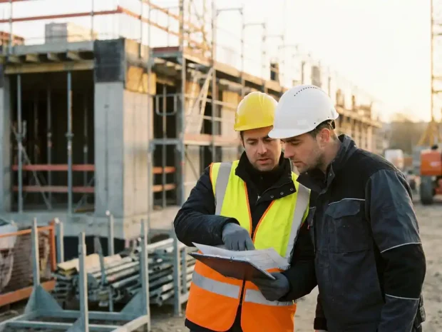 V&G-coördinator in veiligheidsvestje en helm bespreekt veiligheidsdocumenten met hoofdaannemer op actieve bouwplaats met steigers.