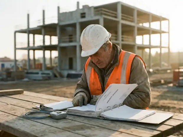 Veiligheidscoördinator in helm en hesje bestudeert bouwdossier op bouwplaats, betonnen constructie op de achtergrond, gouden uurtje.