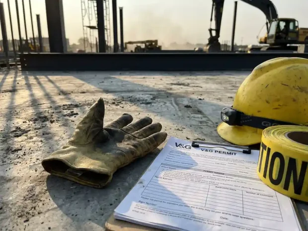 Versleten leren veiligheidshandschoen naast ongetekend V&G-vergunningsformulier op beton, met gele bouwhelm en waarschuwingstape.
