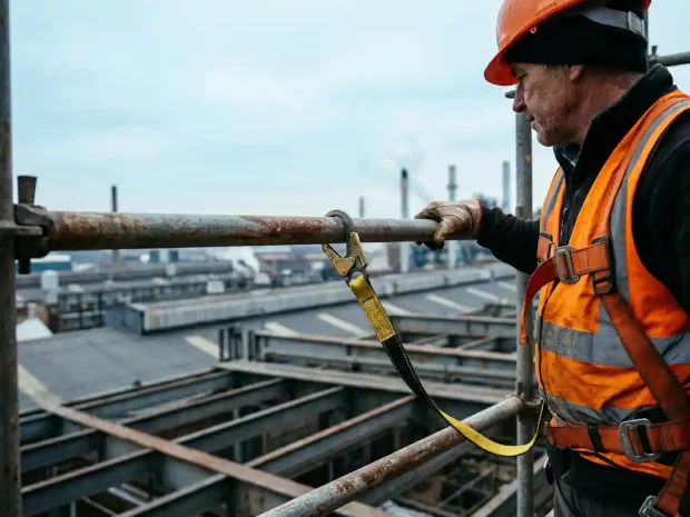 Bouwvakker in veiligheidsharnas en helm op stalen steiger, met zichtbare veiligheidslanyard aan horizontale rail, industriële daken op achtergrond.