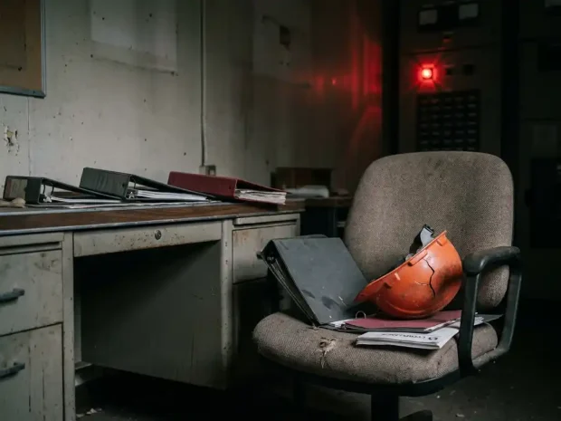 Gebarsten bouwhelm op lege bureaustoel in industrieel kantoor, veiligheidsmappen op bureau, rood waarschuwingslicht.