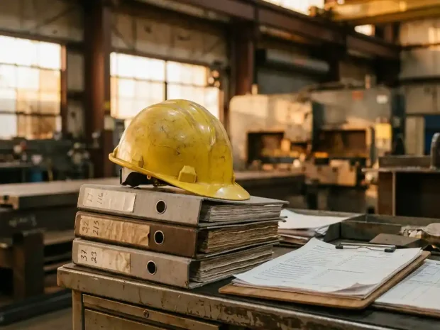 Versleten gele veiligheidshelm op stapel certificeringmappen met veiligheidsinspectieklembord op industrieel bureau, warm tegenlicht.