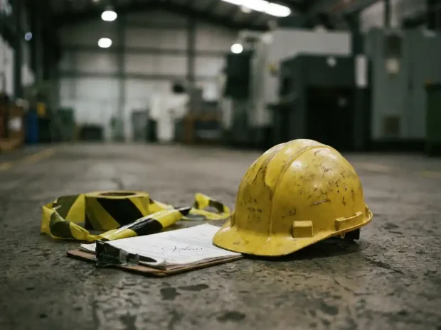 Versleten gele veiligheidshelm naast een ondertekend inspectieklembord op een betonnen fabrieksvoer, met geel-zwart waarschuwingslint.