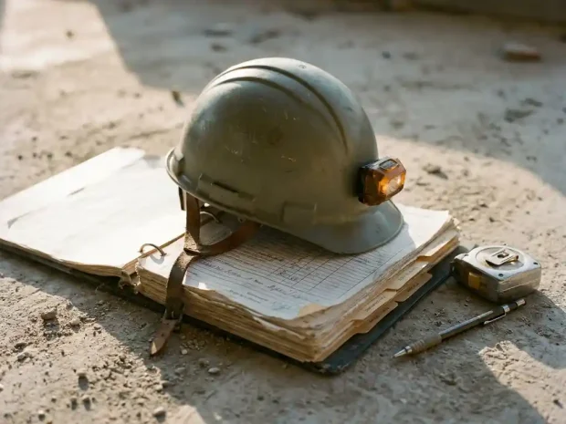 Versleten bouwhelm op opengeslagen veiligheidsbinder met inspectiechecklists op betonnen bouwplaats, meetlint en potlood ernaast.
