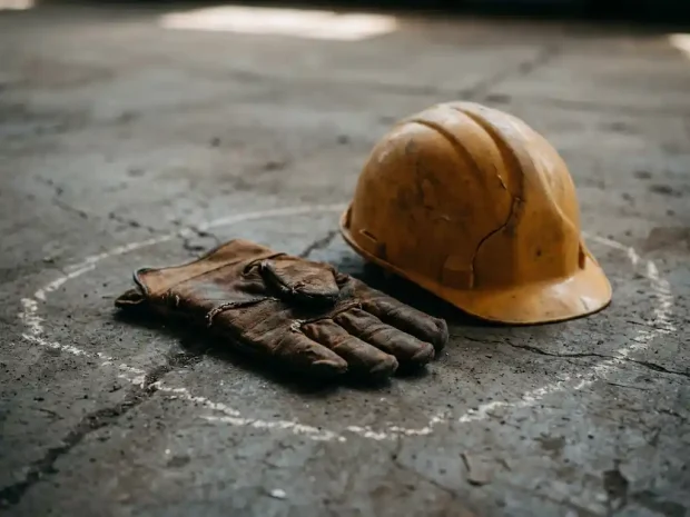 Versleten werkhandschoen en gebarsten veiligheidshelm op betonnen fabrieksloer, omgeven door een krijtomlijning, industriële sfeer.