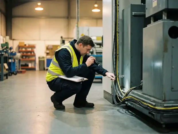 Veiligheidsinspecteur hurkt bij machineonderstel op werkplaatsvloer, klembord op knie, controleert kabelrouting in industriële omgeving.