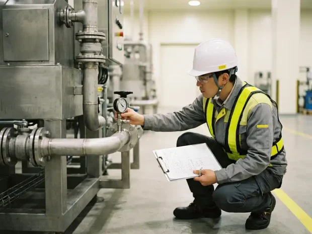 Veiligheidsinspecteur met helm bevestigt meetmeter aan industriële pijp en raadpleegt inspectieklembord op schone fabrieksvloer.