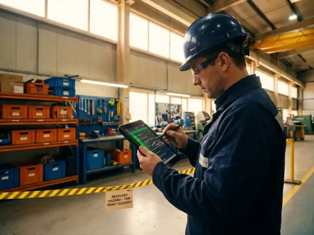 Veiligheidsinspecteur met helm controleert digitale tablet met RI&E-actielijsten in georganiseerde industriële werkruimte.