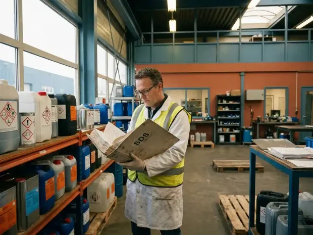 Veiligheidsfunctionaris in labjas met geopende SDS-map naast rijen industriële chemische containers met gevarenpictogrammen.