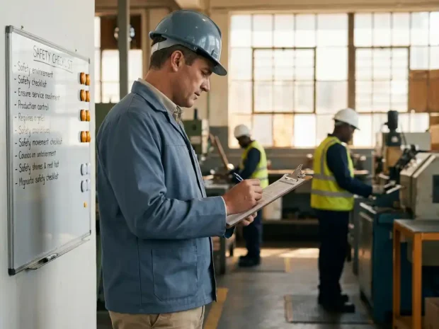 Veiligheidsadviseur met klembord inspecteert industriële productievloer, werknemers en checklistbord zichtbaar op de achtergrond.
