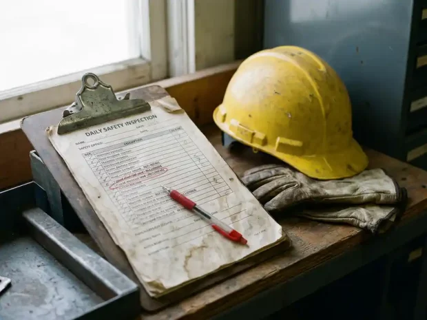 Versleten veiligheidsinspectielijst op klembord met rode pen, helm en veiligheidshandschoenen op industriële werkbank.