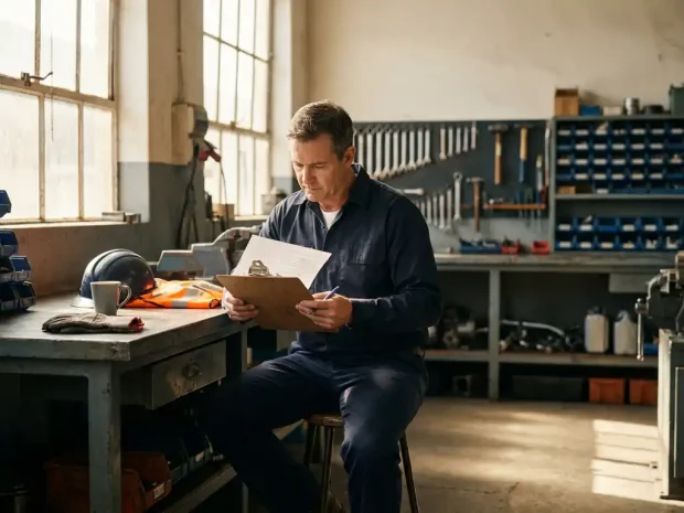 Veiligheidsmedewerker controleert inspectielijst op klembord in productieworkshop, helm en veiligheidsvest op stalen werkbank.