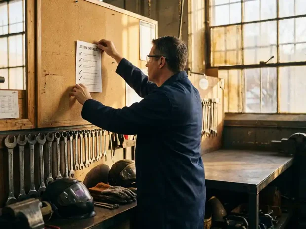 Veiligheidsmanager prikt afgevinkte actielijst op kurkbord in werkplaats, gereedschap en beschermingsmiddelen op stalen werkbank, gouden fabrieksverlichting.