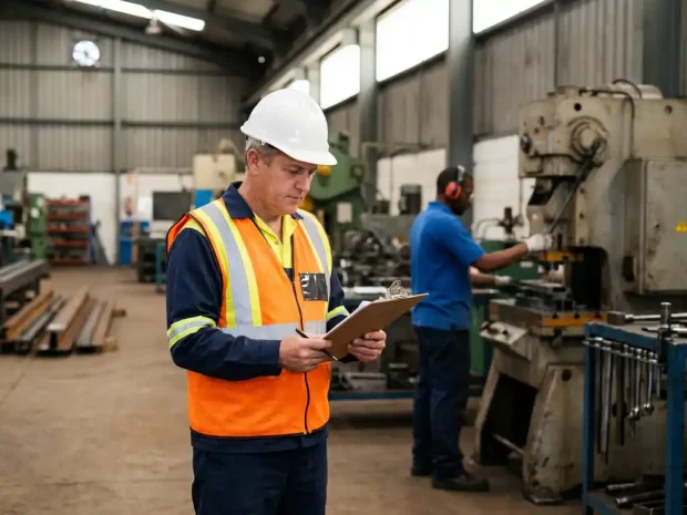 Veiligheidsmanager met helm en oranje vest controleert actielijst op klembord op actieve industriële werkvloer.
