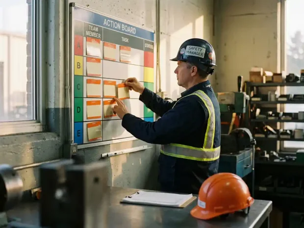 Veiligheidsmanager plaatst kleurgecodeerde taakkaart op actiebord in industriële werkplaats, helm en klembord op stalen werkbank.