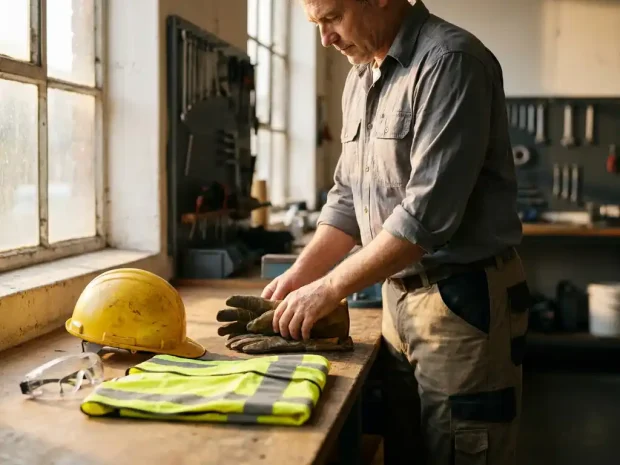 Veiligheidsmanager rangschikt persoonlijke beschermingsmiddelen op werkbank: helm, handschoenen, veiligheidsvest en veiligheidsbril.