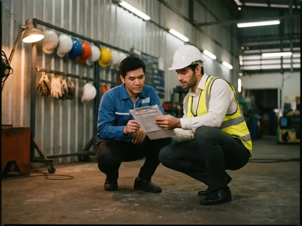 Veiligheidsinspecteur met helm en hesje bespreekt checklist op klembord met fabrieksmedewerker op industriële werkvloer.