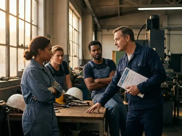 Veiligheidsmedewerker presenteert RI&E-document aan klein team rond industriële werktafel, met helmen en veiligheidshandschoenen op de voorgrond.