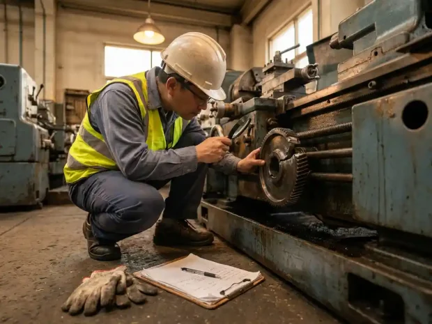 Veiligheidsinspecteur onderzoekt beschadigd machineonderdeel met vergrootglas, clipboard met incidentnotities op betonnen werkvloer.