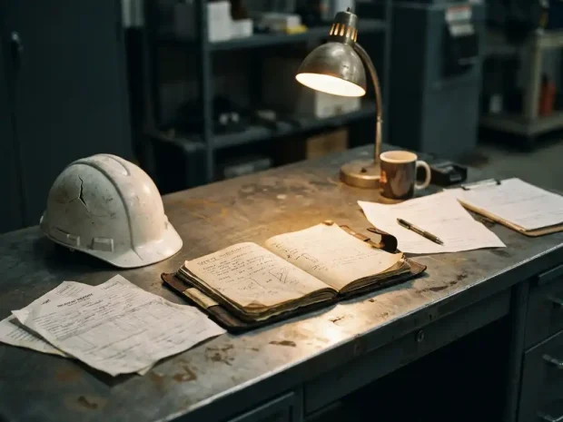 Open notitieboek van veiligheidsonderzoeker op stalen bureau met gebarsten helm en incidentrapporten onder warmgeel bureaulampje.