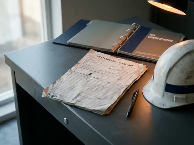 Versleten veiligheidsrapport op industrieel bureau naast gele helm, pen en open ISO-certificeringsbinder in grijsblauwe kantooromgeving.