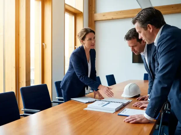 Professional presenteert veiligheidsrisicorapport aan bestuurders in moderne Nederlandse vergaderruimte, met helm en inspectieklembord op tafel.