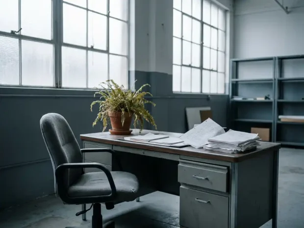 Lege bureaustoel voor een industrieel werkbureau met verwelkte plant en onafgewerkte paperassen in koel ochtendlicht.