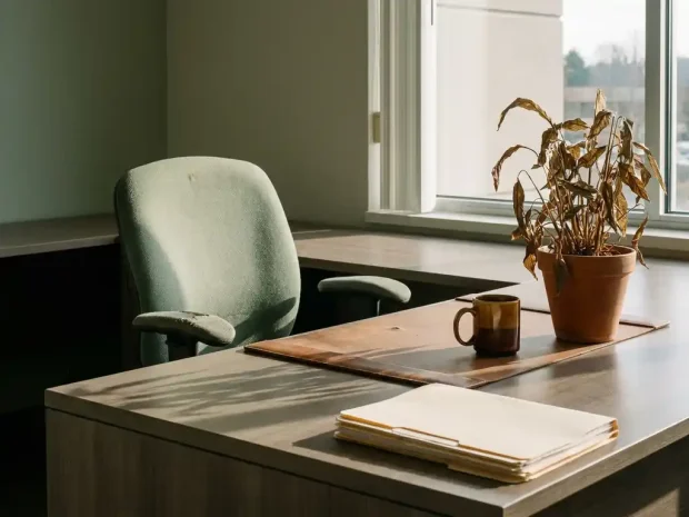 Leeg bureaustoel aan opgeruimd kantoorbureau met verwelkte plant en onaangeroerde koffiemok in zacht natuurlijk licht.