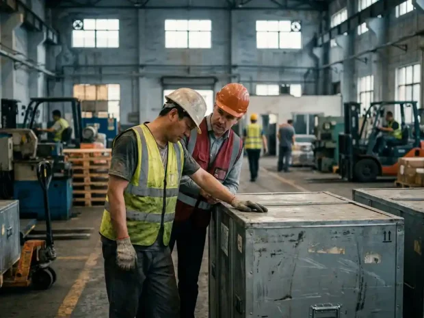 Uitgeputte magazijnmedewerker in veiligheidskleding leunt op metalen krat, terwijl bezorgde supervisor rustig met hem praat op industriële werkvloer.