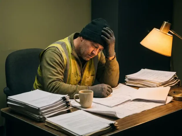 Vermoeide bouwvakker in veiligheidsvest aan rommelig bureau, hoofd op hand, omringd door papierwerk en koffiekop in warm amberkleurig lamplight.