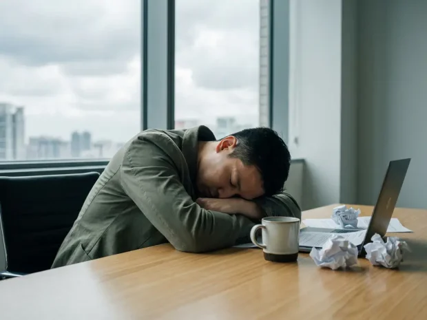 Uitgeputte kantoormedewerker met hoofd op gevouwen armen aan een bureau, halfvol koffiekopje en documenten, bewolkte lucht door raam.