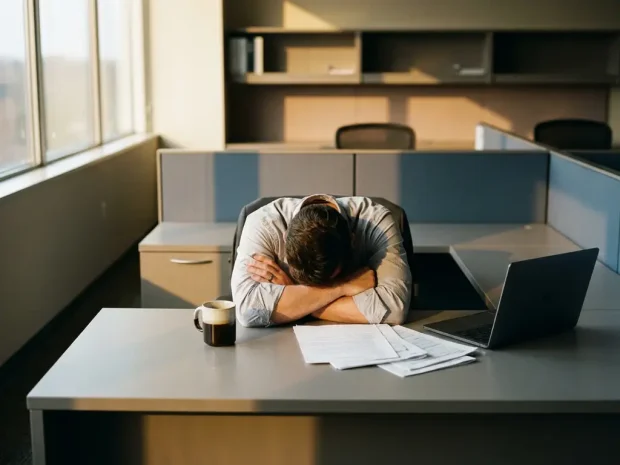Uitgeputte kantoormedewerker slaapt op gevouwen armen aan bureau met koude koffie en papieren, warm middaglicht.