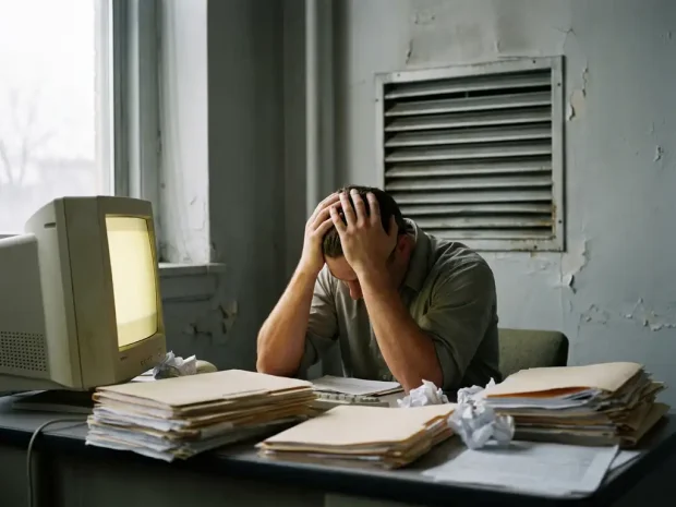 Vermoeide kantoormedewerker met hoofd in handen aan rommelig bureau, omringd door papieren en flikkerende monitor.