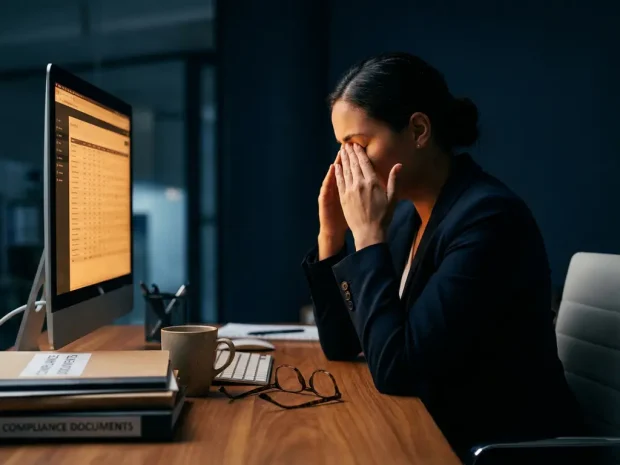 Professional die vermoeide ogen wrijft voor een fel verlicht scherm in donker kantoor, leesbril en compliance-documenten op bureau.
