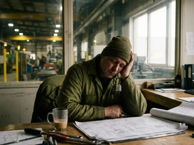 Vermoeide werknemer aan rommelig bureau in industriële werkplaats, hoofd in hand, met verspreid papierwerk en koffiekopje, fabriekshal op achtergrond.