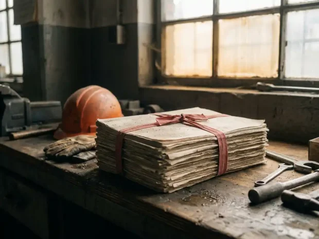 Stapel verouderde papierdocumenten gebonden met rood tape op een industriële werkbank, naast een helm en veiligheidshandschoenen, verlicht door natuurlijk licht.
