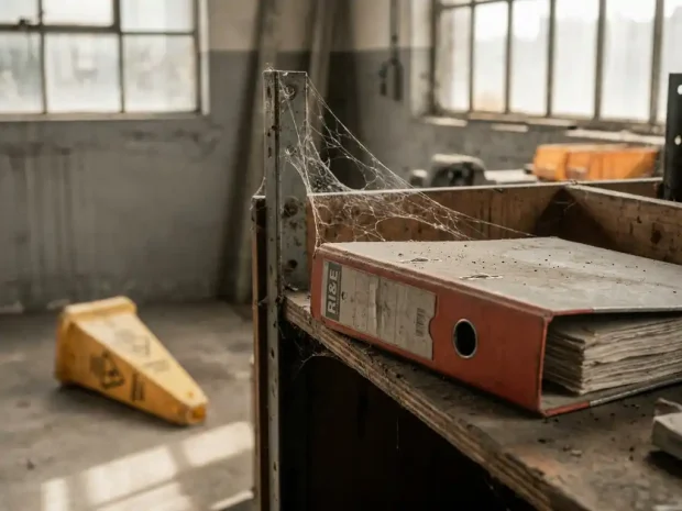 Stoffige RI&E-map met spinnenwebben op een verlaten industriële werkplaatsplank, omgevallen gele waarschuwingskegel op de achtergrond.