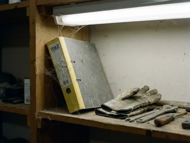 Stoffig RI&E-handboek op rommelige industriële werkplaatsplank met spinnenwebben, versleten veiligheidshandschoenen en gereedschap.