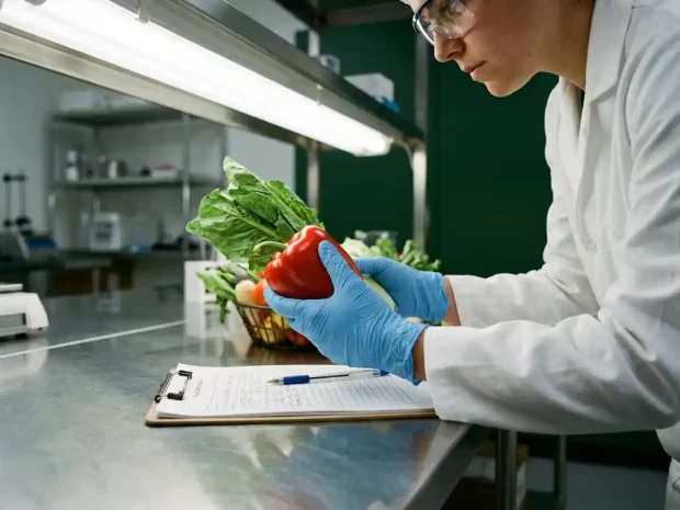 Voedselveiligheidscontroleur met latex handschoenen die verse groenten inspecteert op een roestvrijstalen laboratoriumtafel met clipboard.