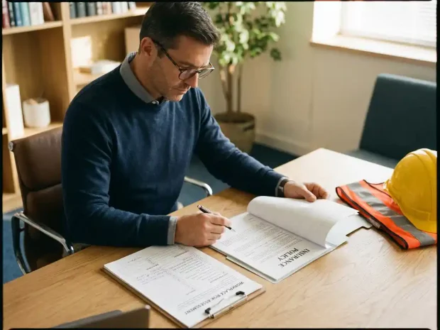 Werkgever bestudeert verzekeringspolis en risicobeoordeling aan modern bureau, met veiligheidshelm en hesje op de voorgrond.